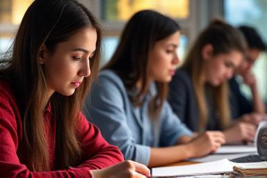 Students studying diligently for IELTS or TOEFL exams